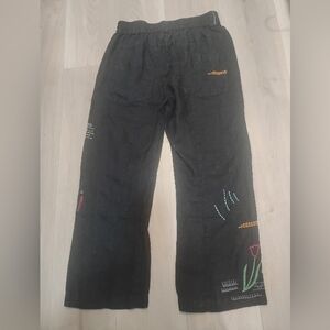 Johnny Was Pete & Greta Black Linen Pants w/ Eclectic Mix of Embroidery XS